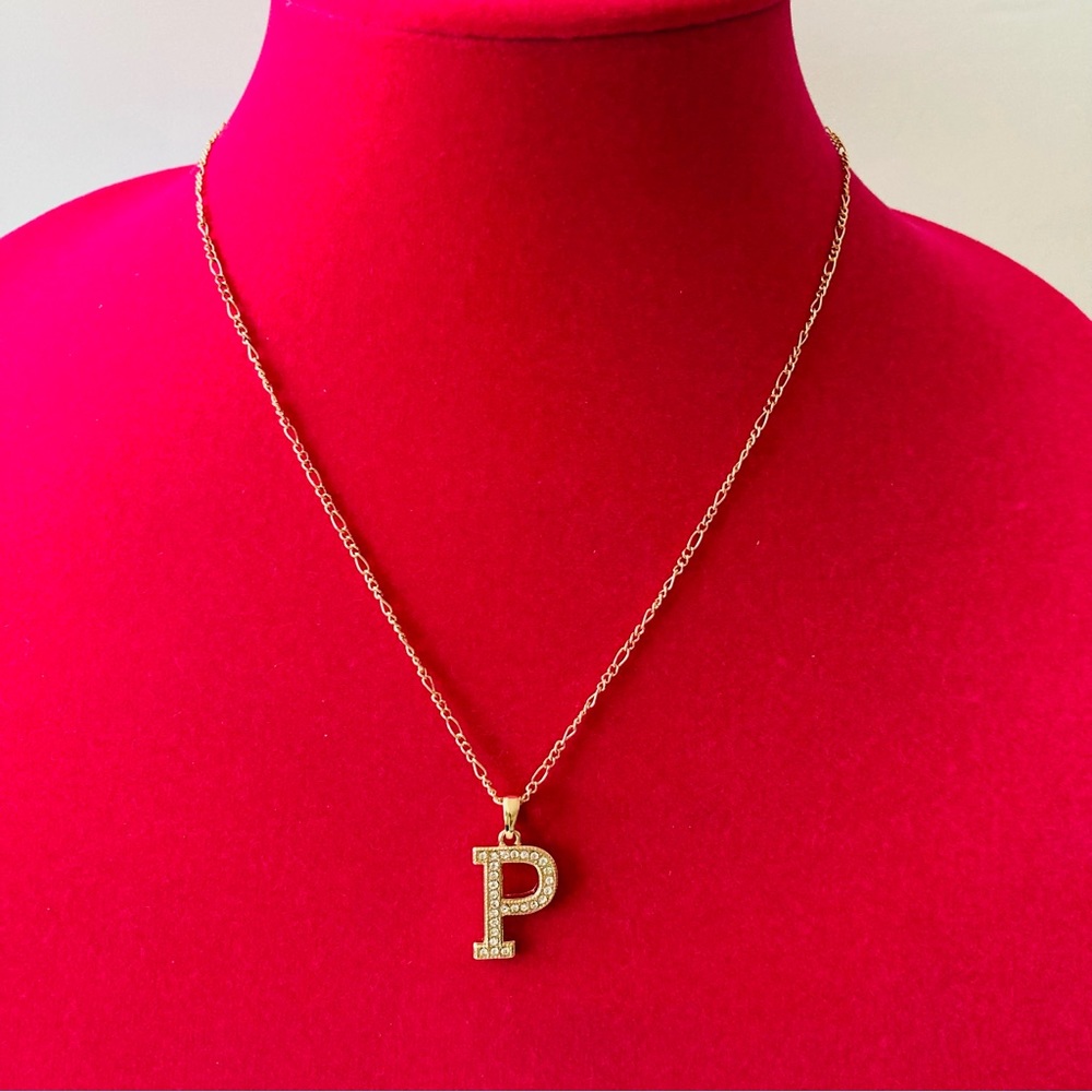 Initial Pendent P Necklace Figaro Chain Gold Tone with Clear Stones